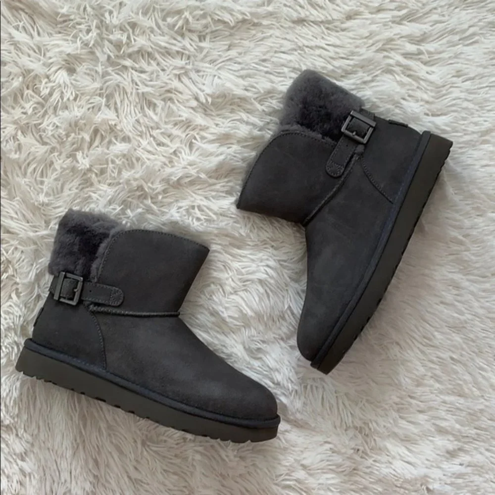 NEW‎ UGG KAREL SUEDE SHEARLING MINI BUCKLE BOOTS